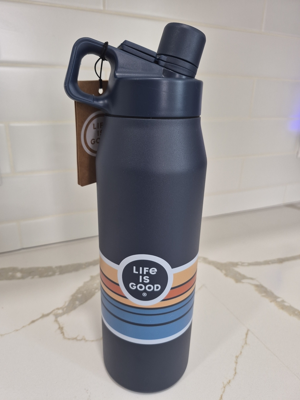 Life Is Good Navy Water Bottle with Multicolor Mountain Stripes